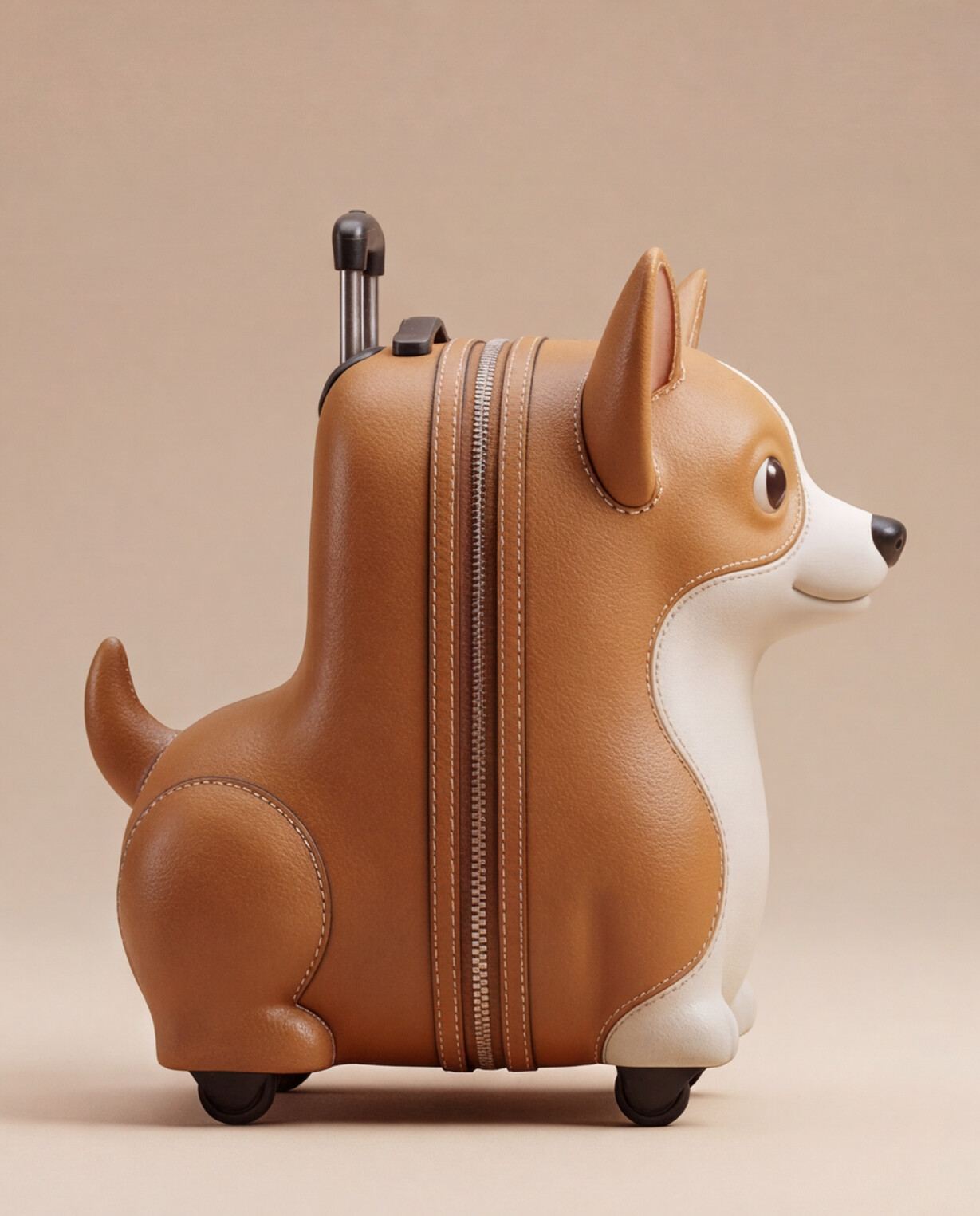 Sultan, the handmade corgi leather case, side profile showing the saddle-stitched zip spine