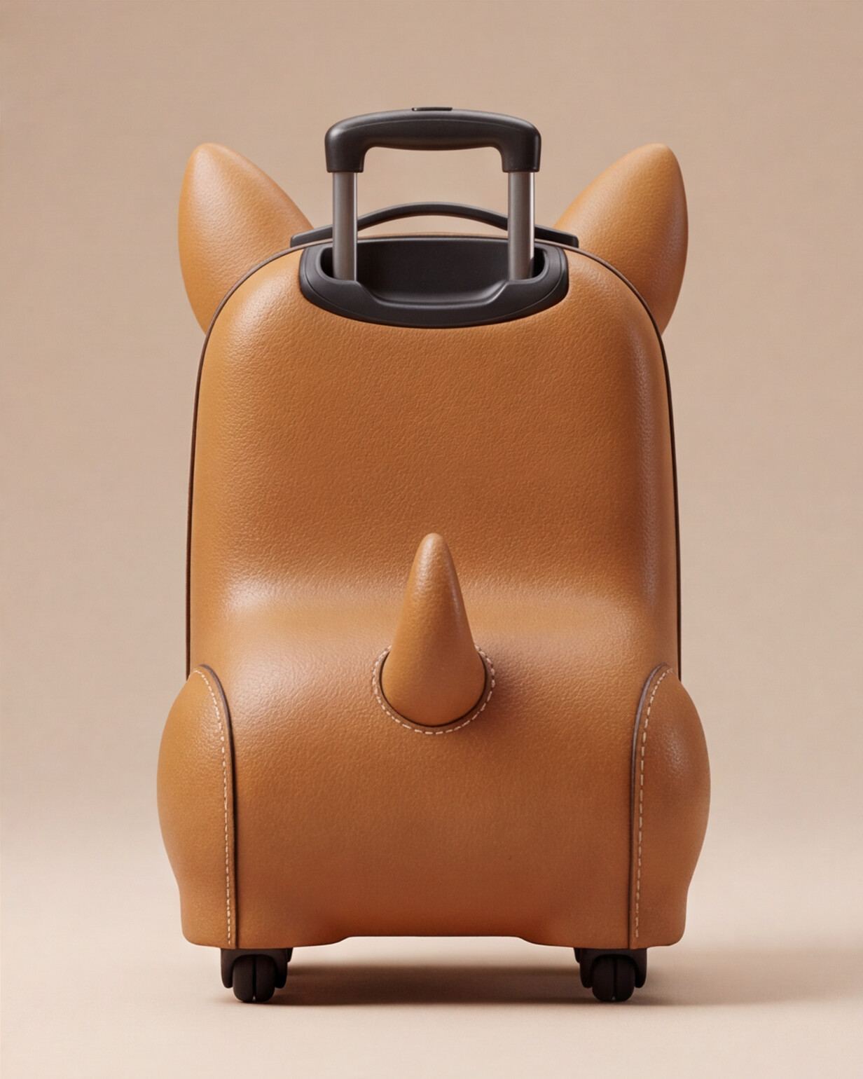 Sultan, the corgi leather case from behind, showing four brass casters