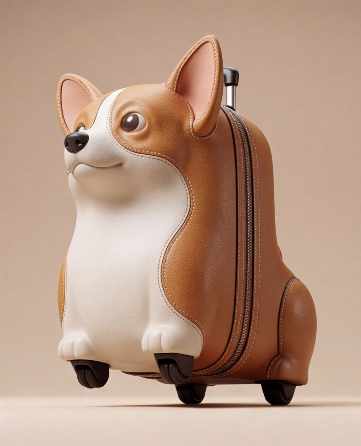 Sultan, the corgi-shaped leather bag, front view with cream bib and brass hardware